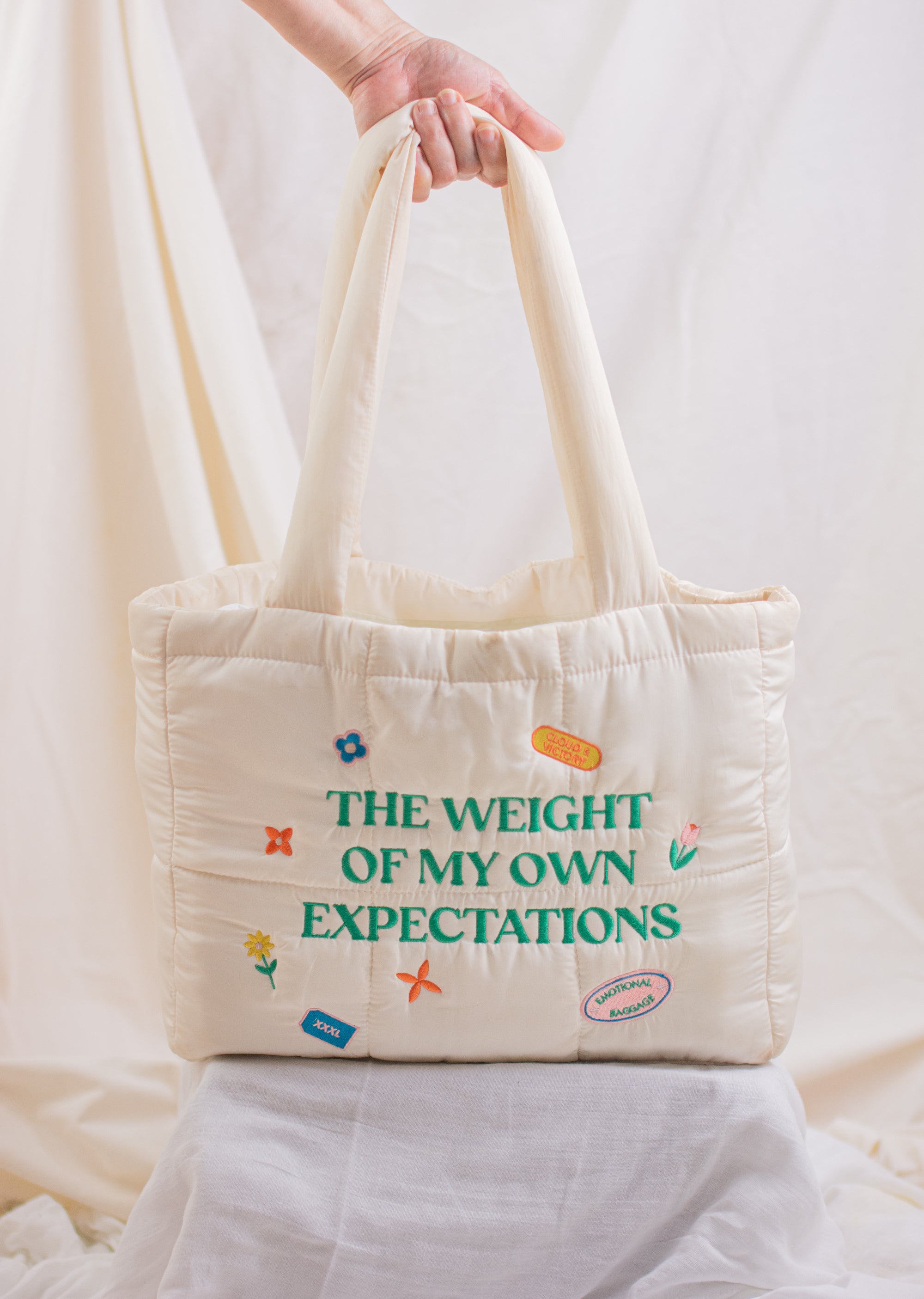 The Weight of My Expectations Puffer Tote Bag - Cream